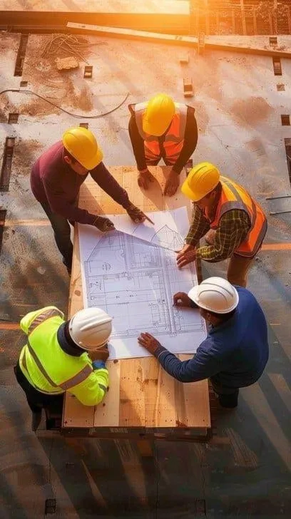 Engineers reviewing construction drawings on site